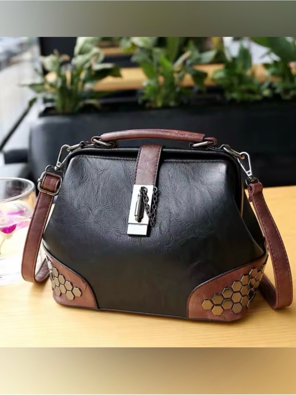 Classic Black & Brown Leather Frame Satchel
